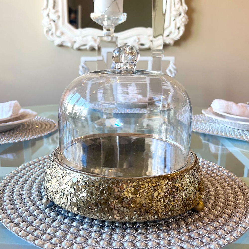 ⭐️ TAHARI Gold Bling Sparkle Cloche Glass Cheese Cake Dessert Dome Glam Decor